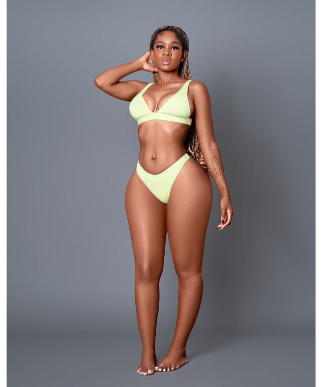 Solid Color Deep V Crop Top Bikini Swimsuit Set.