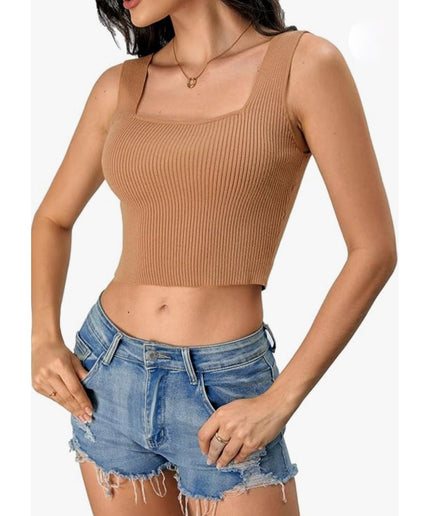 Solid Color Knitted Sleeveless Crop Top.