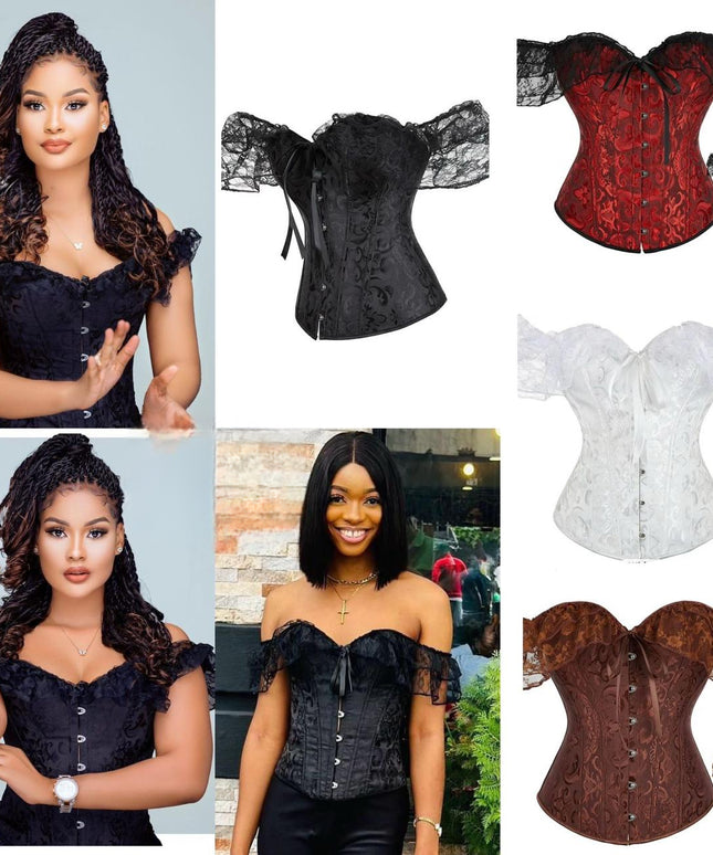 Women's corset with waist and lace sleeves.