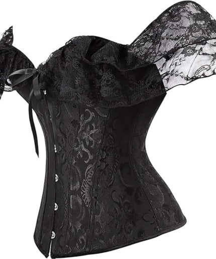 Women's corset with waist and lace sleeves.