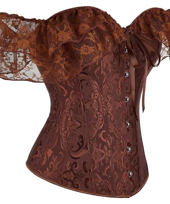 Women's corset with waist and lace sleeves.