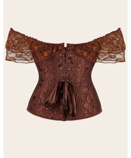 Women's corset with waist and lace sleeves.