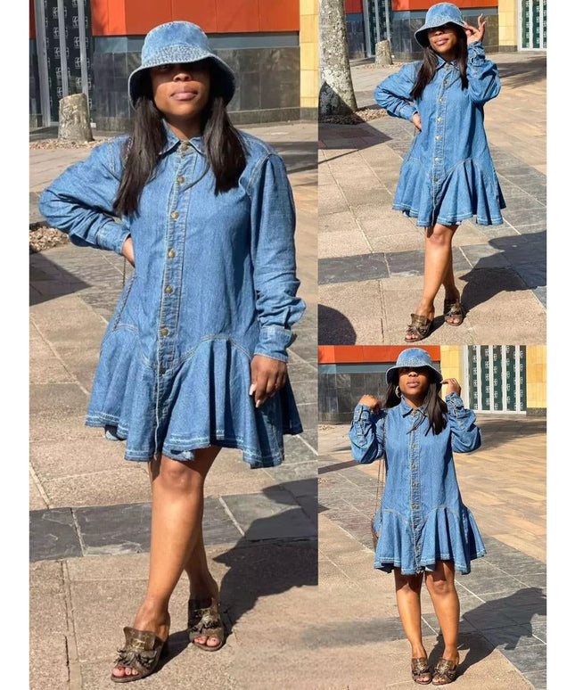 Ruffle Hem Knee Length Denim Dress.