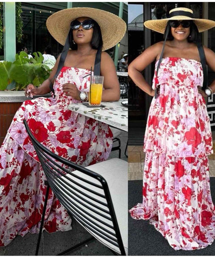 Floral Off-shoulder Pleated Maxi Dress.