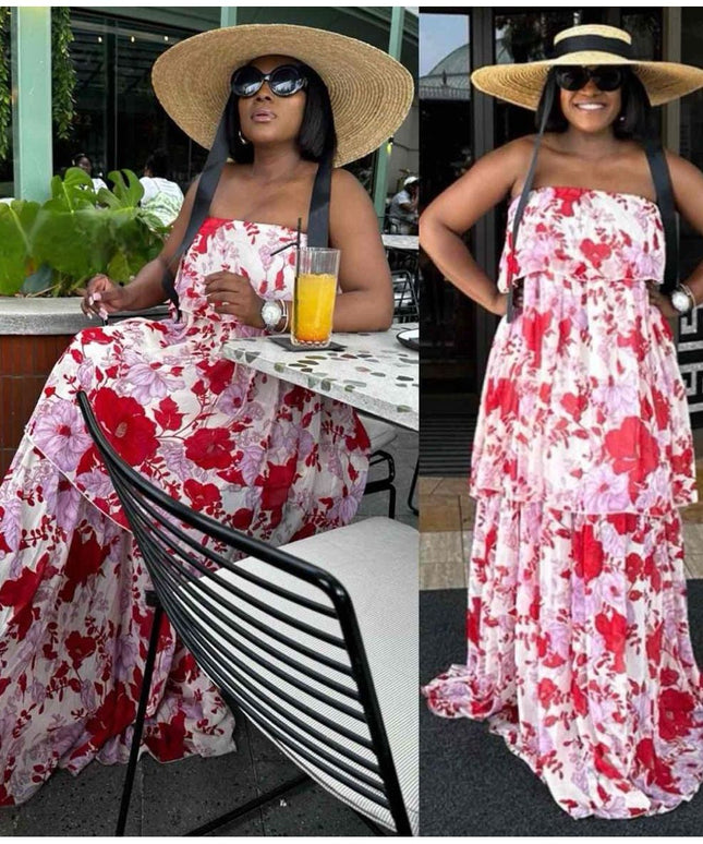 Floral Off-shoulder Pleated Maxi Dress.