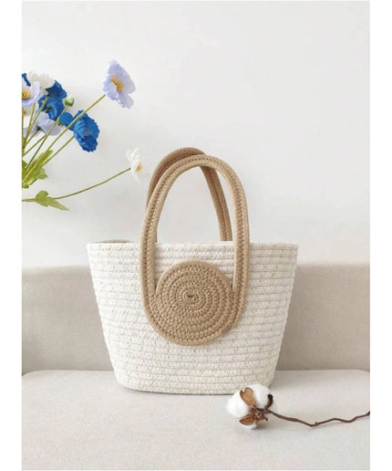 Two-Tone Cotton Rope Woven Tote Handbag.