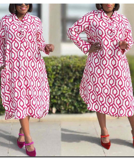 High Neck Long Sleeve Printed Pleated Maxi Dress.