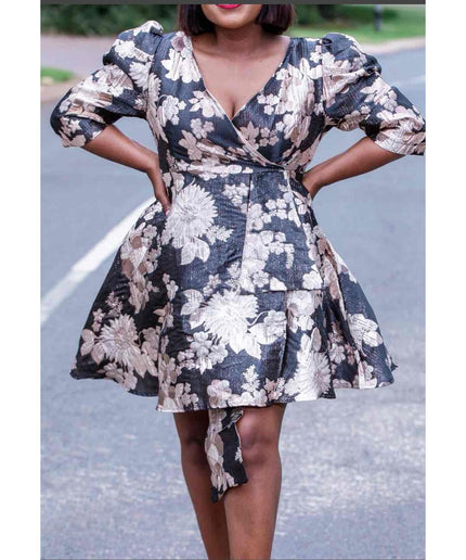 Floral Print Lantern Sleeve Ruffle Hem Dress