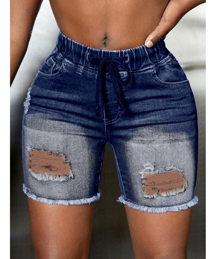 Elastic Waist Ripped Denim Shorts