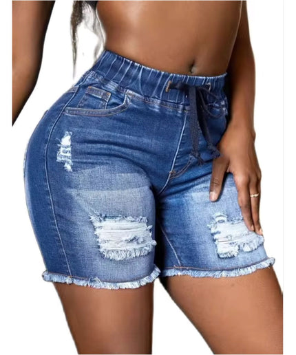 Elastic Waist Ripped Denim Shorts