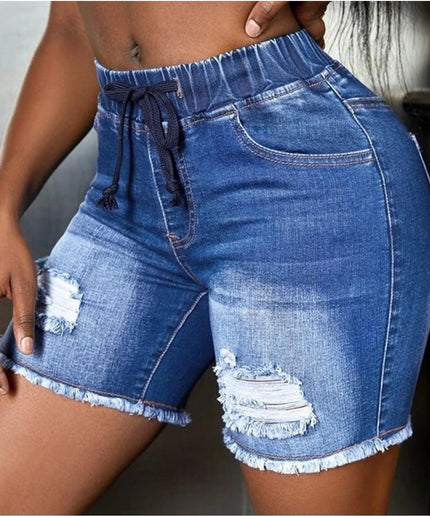 Elastic Waist Ripped Denim Shorts