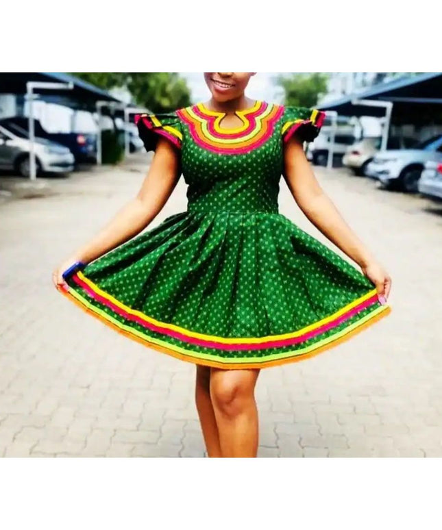 African V-neck Short Sleeve Traditional Dress