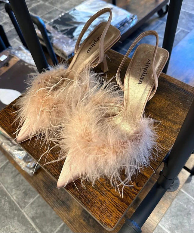 Fluffy Pointed Toe Slingback Pyramid Heel.