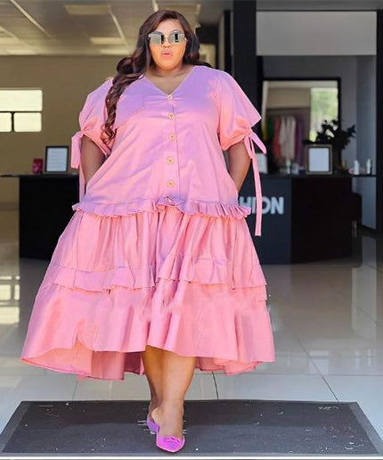 Plus Size Solid Color Pleated Dress