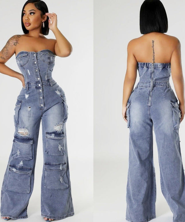 Off-Shoulder Fashion Denim Jumpsuit