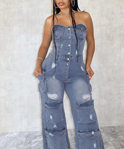 Off-Shoulder Fashion Denim Jumpsuit