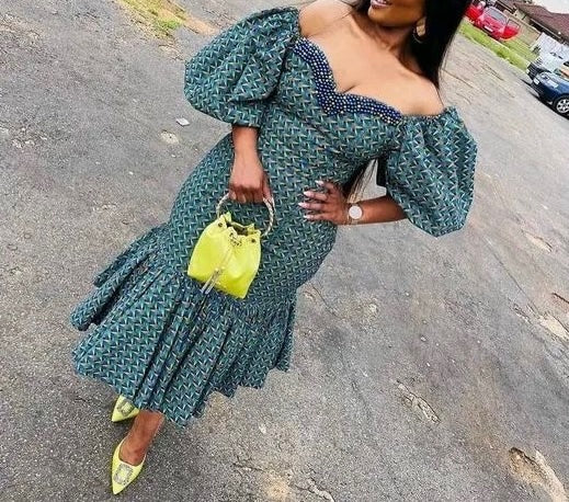 Off-Shoulder Green Ankara Midi Dress