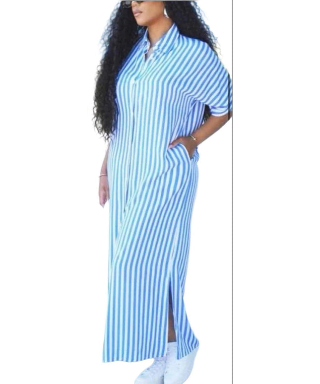 Half Sleeve Striped High Slits Dress.