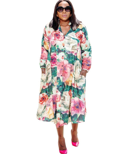 Plus Floral Print Satin Midi Shirt Dress