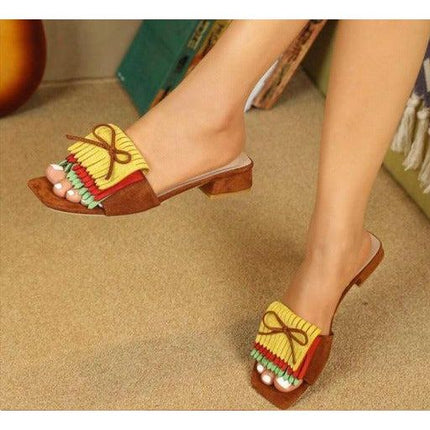 Block Bow & Fringe Decor Flat Sandals