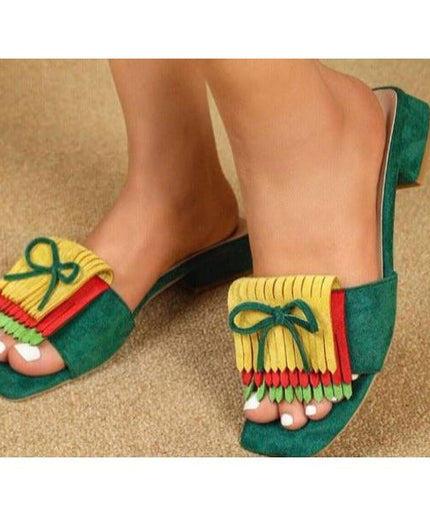 Block Bow & Fringe Decor Flat Sandals