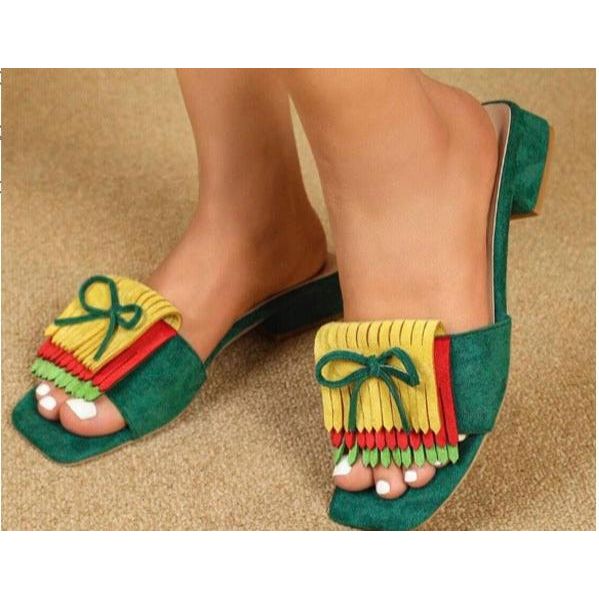 Block Bow & Fringe Decor Flat Sandals