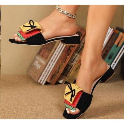 Block Bow & Fringe Decor Flat Sandals