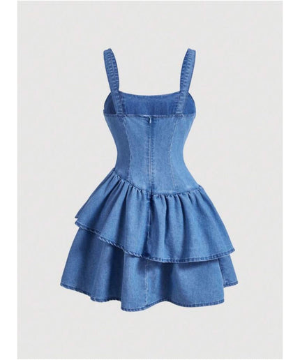 Bow Strap Asymmetrical Denim Double Layered Dress