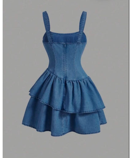 Bow Strap Asymmetrical Denim Double Layered Dress