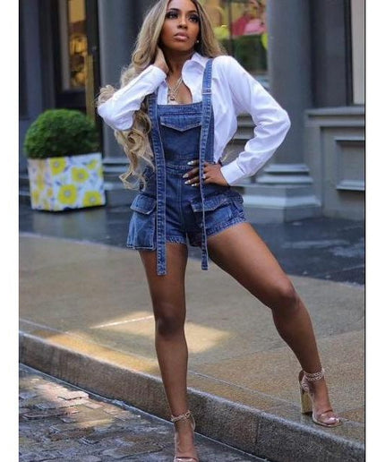 Sleeveless Denim Cargo Short Jumpsuit