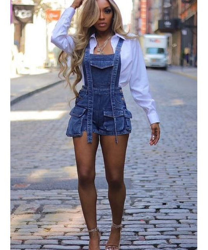 Sleeveless Denim Cargo Short Jumpsuit