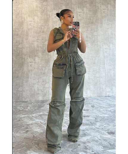 Sleeveless Denim Cargo Hoodie Jumpsuit