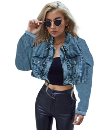 Long Sleeve Cropped Raw Hem Denim Jacket