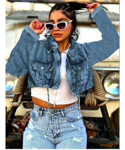 Long Sleeve Cropped Raw Hem Denim Jacket