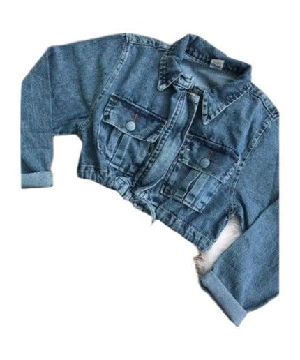 Long Sleeve Cropped Raw Hem Denim Jacket