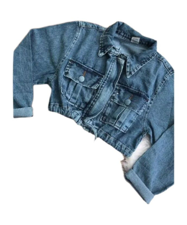 Long Sleeve Cropped Raw Hem Denim Jacket