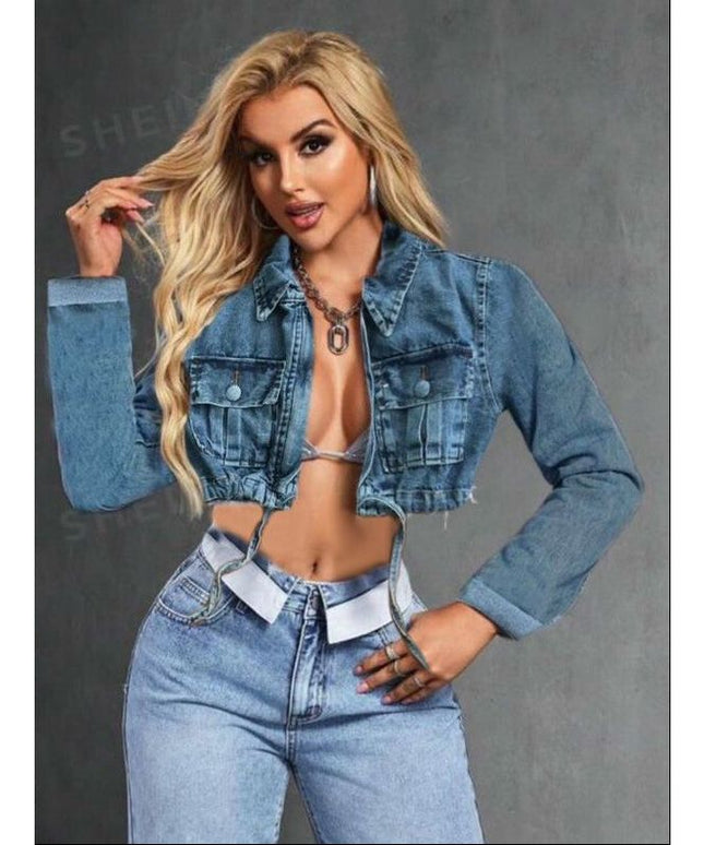 Long Sleeve Cropped Raw Hem Denim Jacket