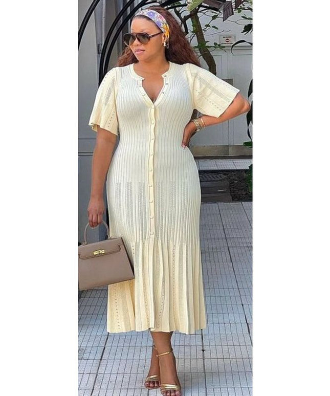 Bodycon Button Short Sleeve Knitted Maxi Dress.