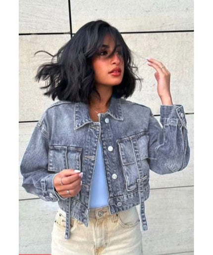 Long Sleeve Cropped Raw Dark Hem Denim Jacket