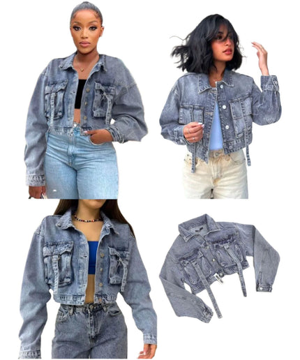 Long Sleeve Cropped Raw Dark Hem Denim Jacket