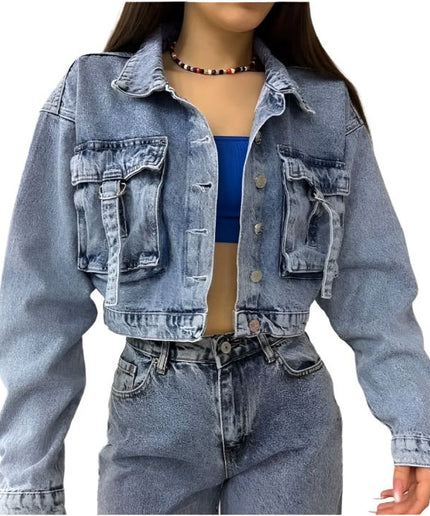 Long Sleeve Cropped Raw Dark Hem Denim Jacket