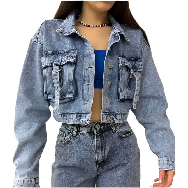 Long Sleeve Cropped Raw Dark Hem Denim Jacket