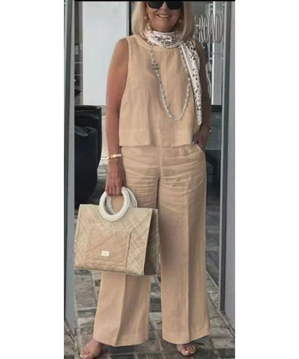 2 Piece Linen Casual Sleeveless Tank Top and Wide Leg Pants Set