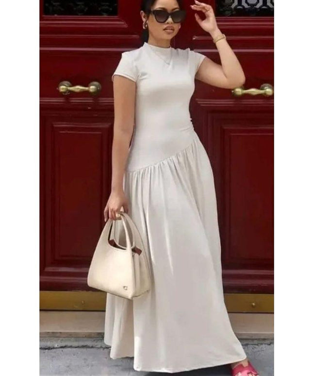 Stand Neck Short Sleeve High Waist Midi Dress