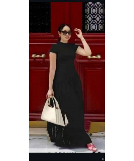 Stand Neck Short Sleeve High Waist Midi Dress