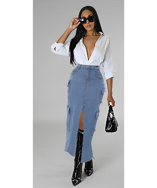 Denim Cargo Slit Skirt