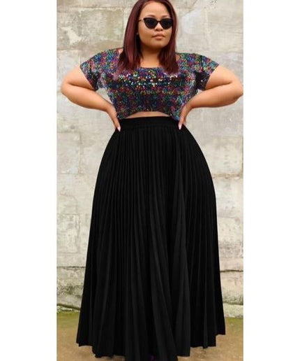 High Waisted Pleated Skirt and Gliter Top Set