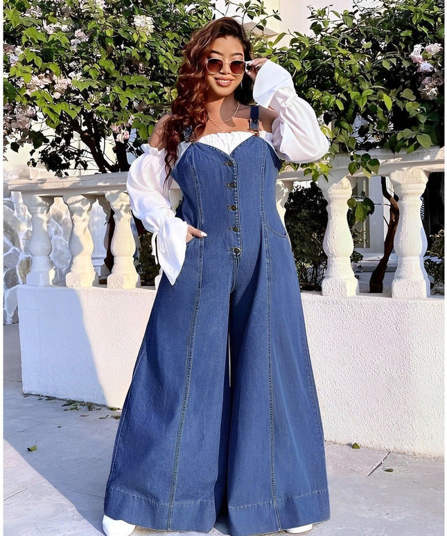 Front Buttoned Denim Wide Jumpsuit