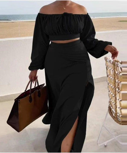 Off Tie Shoulder Crop Top and Skirt Set