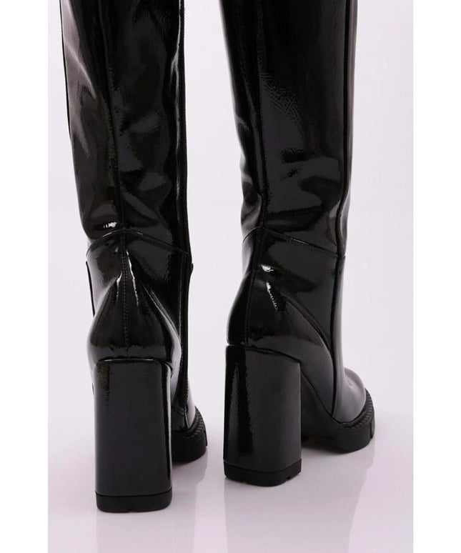 Long Glossy Thick Heel Boots